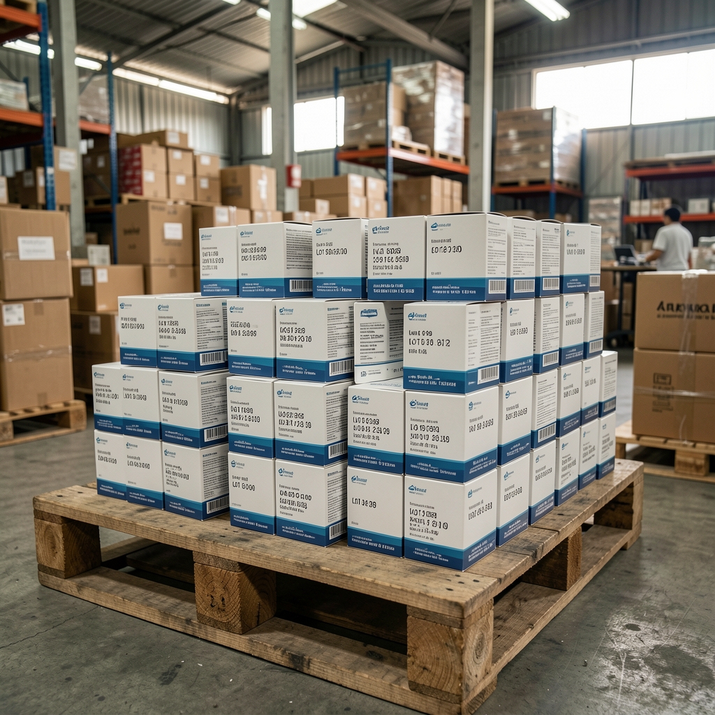 Stacked Gantol supplement boxes with visible lot numbers and production dates on a wooden pallet in a Jakarta distribution area