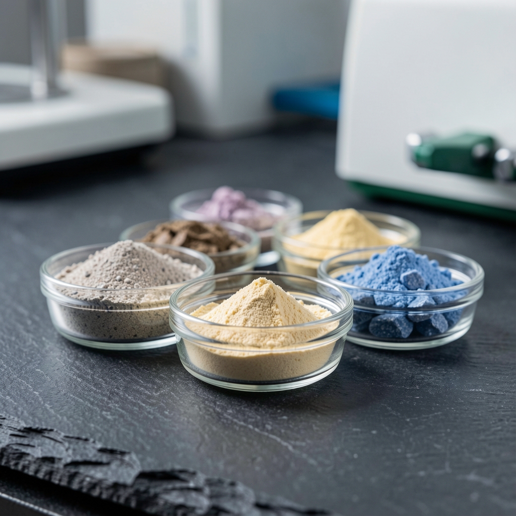 Macro photograph of mineral powder ingredients in small glass dishes arranged on a dark stone surface in a quality-control environment