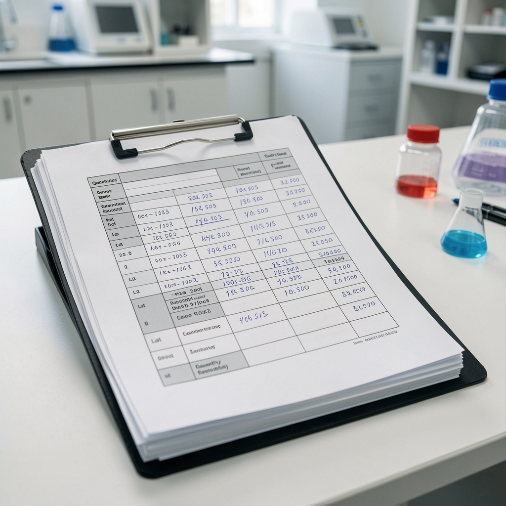Stack of printed batch record sheets on a clipboard, showing tabular quality control data with handwritten lot reference numbers, in a quality-control environment