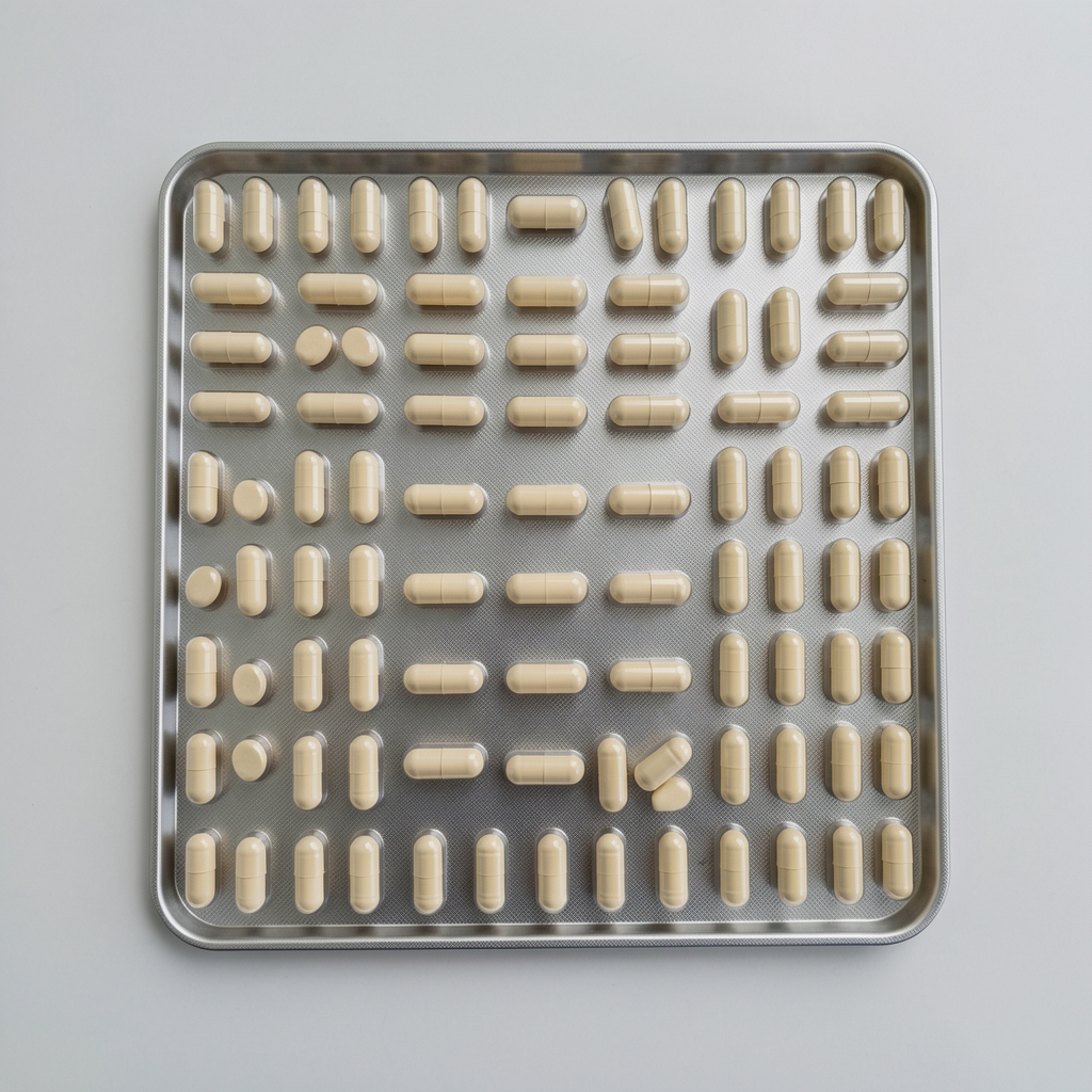 Capsule filling tray with completed Gantol supplement capsules arranged in rows, viewed from directly above in a clean workspace with neutral background
