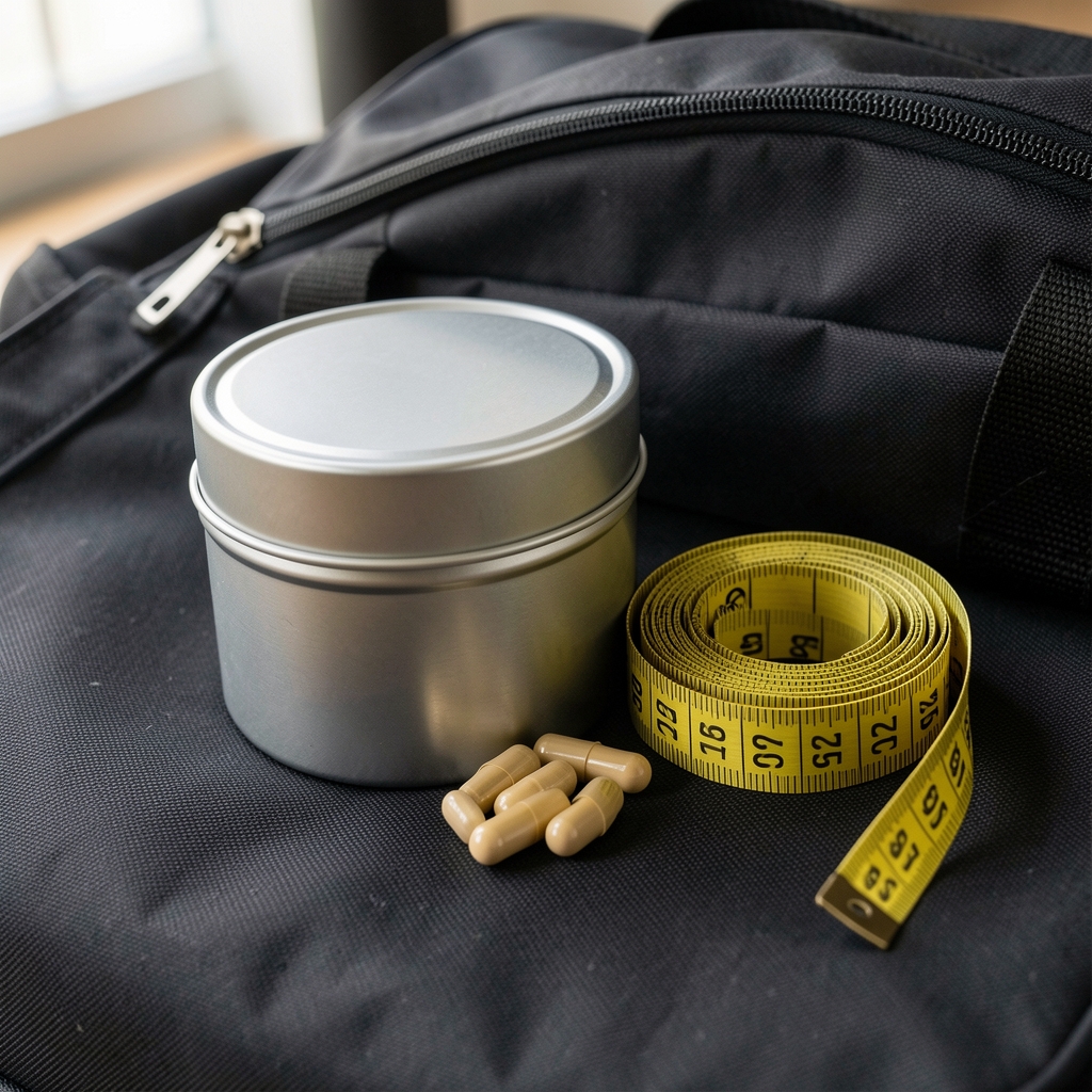 Opened Gantol Premium Complete supplement tin with capsules visible beside a rolled measuring tape on a gym bag surface