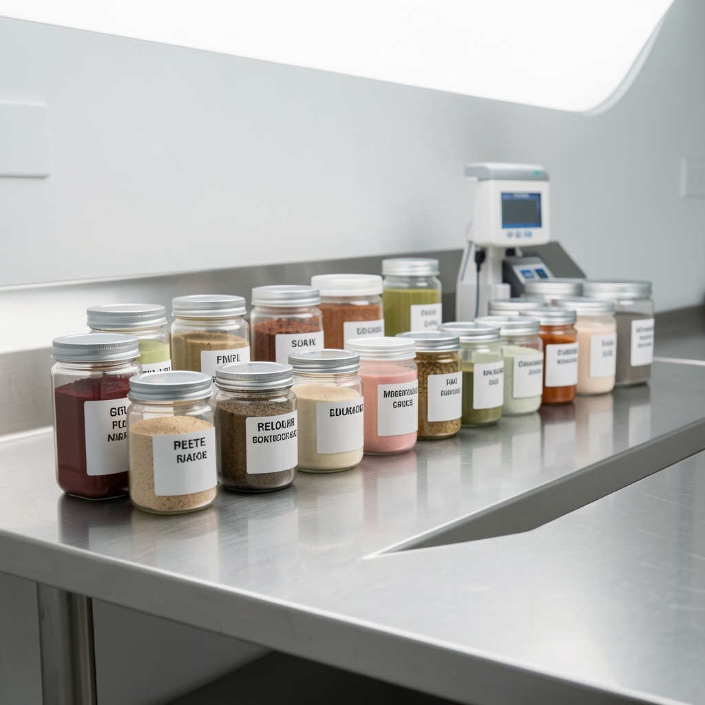 Clean production workspace with stainless steel work surface, labelled ingredient containers arranged in order, and controlled studio lighting