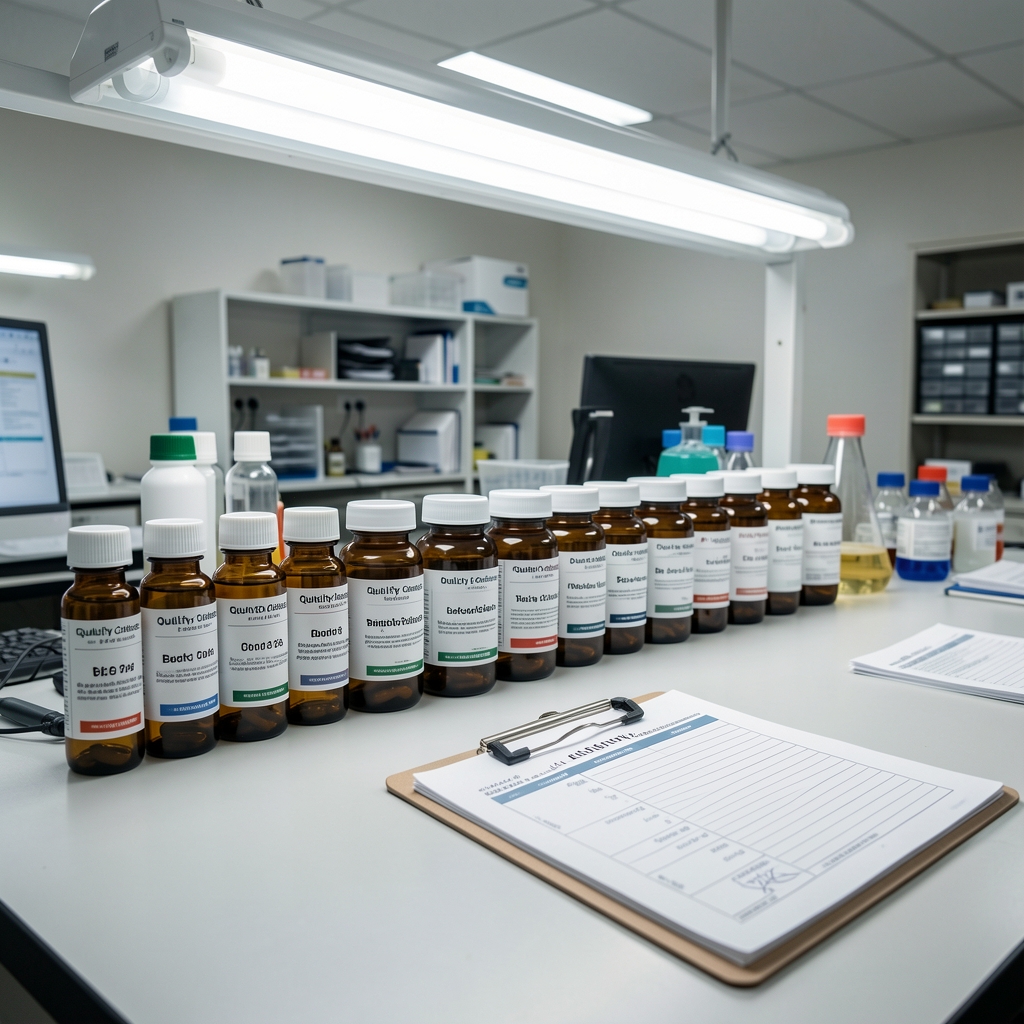 Quality-control bench with batch-coded amber supplement bottles aligned in a row, a clipboard with inspection checklist, and overhead fluorescent workspace lighting